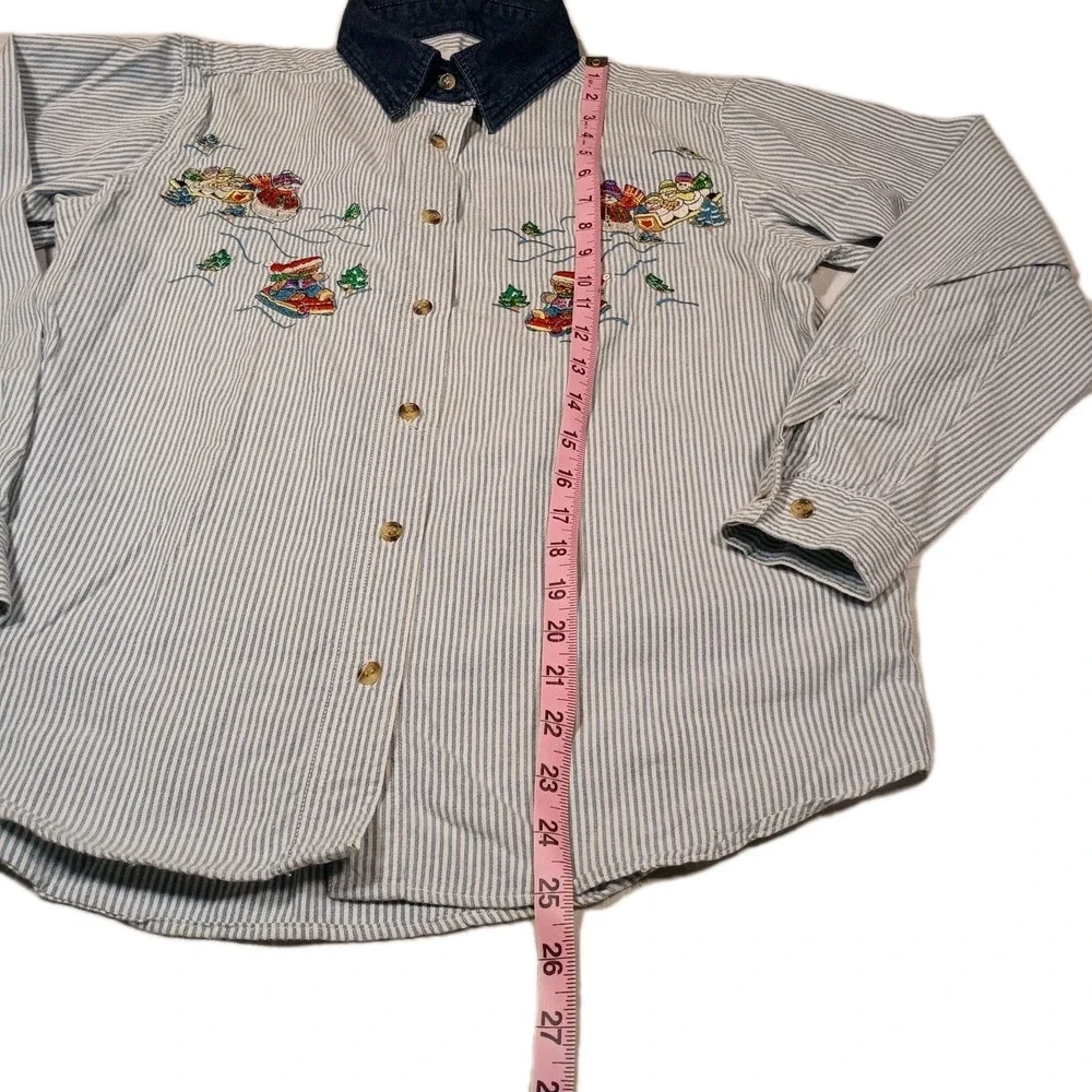 VTG Denim Winter Christmas Snowman Bear Embroidered Button Up Shirt‎ Sz S 90s - Picture 6 of 8